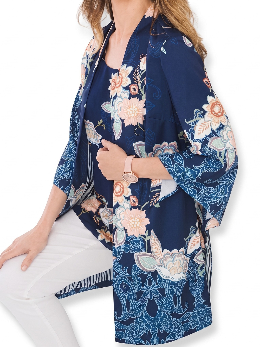 Chico's Navy and White Striped Kimono Jacket